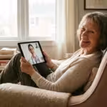 A senior woman smiles during a telehealth video call on her tablet from a comfortable living room chair.