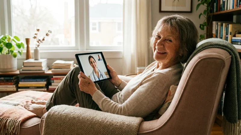 A senior woman smiles during a telehealth video call on her tablet from a comfortable living room chair.