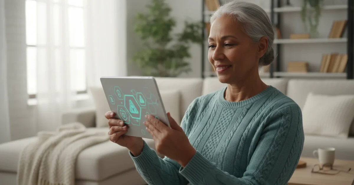A senior woman confidently using a tablet in a sunlit living room, demonstrating online safety awareness.