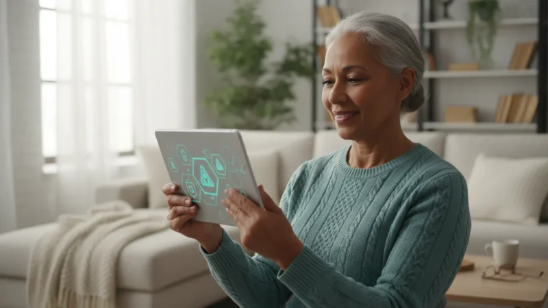 A senior woman confidently using a tablet in a sunlit living room, demonstrating online safety awareness.