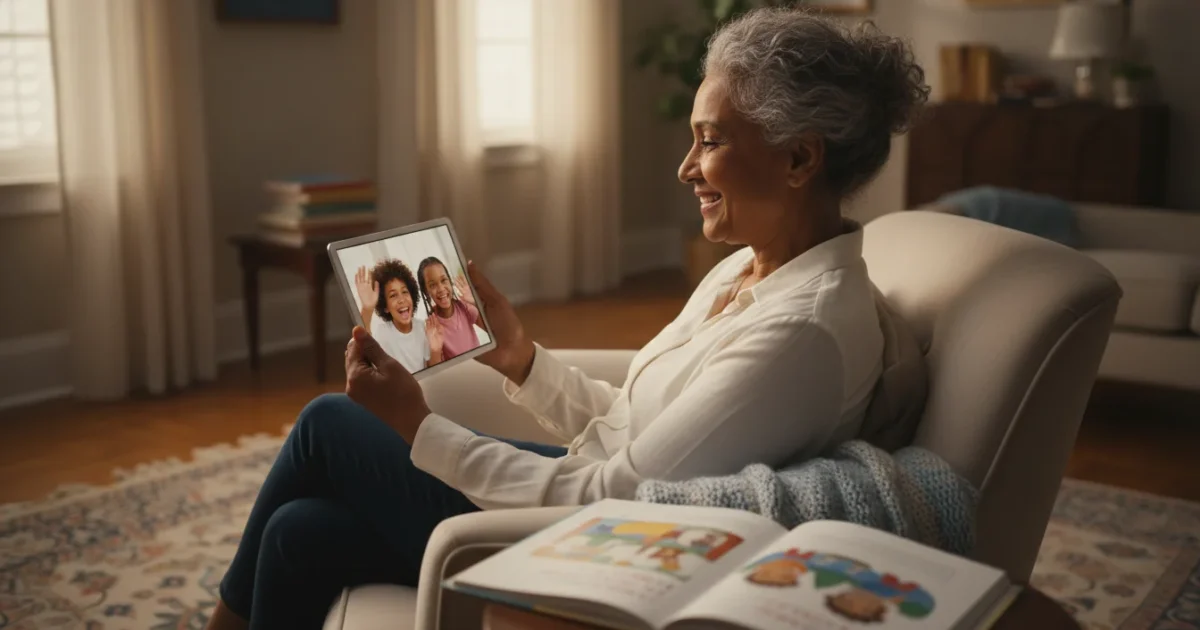 A senior woman smiles warmly while video calling two grandchildren on a tablet in a cozy living room with soft evening light.