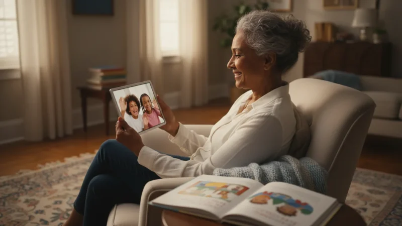 A senior woman smiles warmly while video calling two grandchildren on a tablet in a cozy living room with soft evening light.