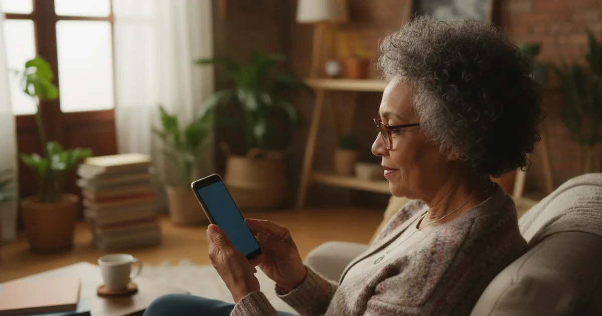 An over-the-shoulder shot of a diverse senior woman, 70s, looking thoughtfully at a generic smartphone screen in a warm, shadowed home.