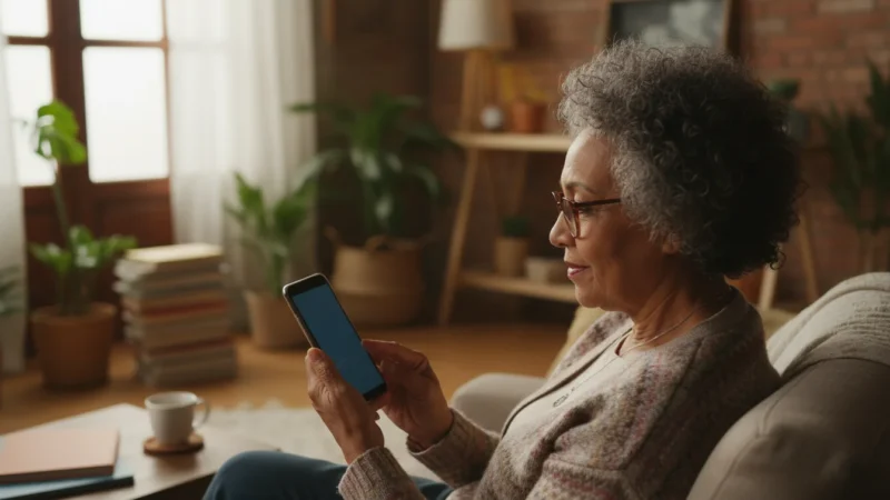 An over-the-shoulder shot of a diverse senior woman, 70s, looking thoughtfully at a generic smartphone screen in a warm, shadowed home.