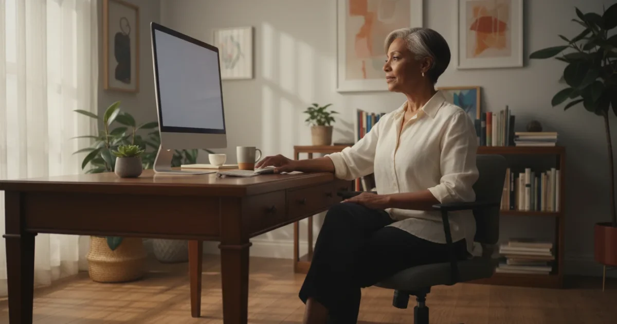 An older woman of color, seated at her home office desk, thoughtfully observes her computer screen, conveying vigilance against scams in soft morning light.