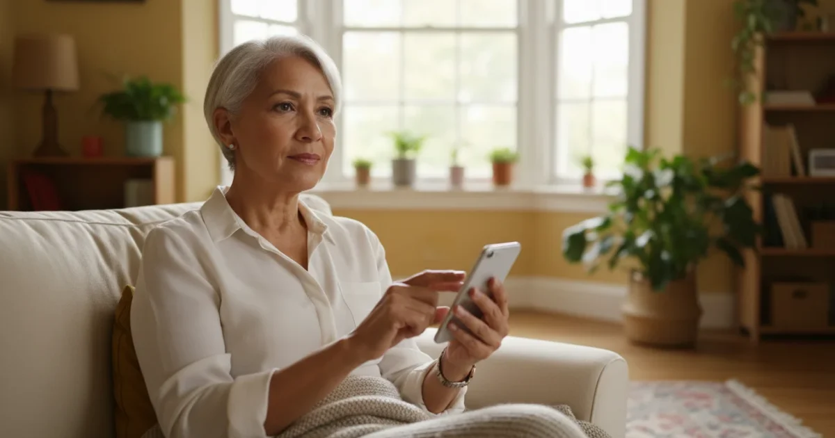 A senior woman, mid-70s, with a thoughtful and aware expression, holds a smartphone in a naturally lit living room, conveying vigilance.