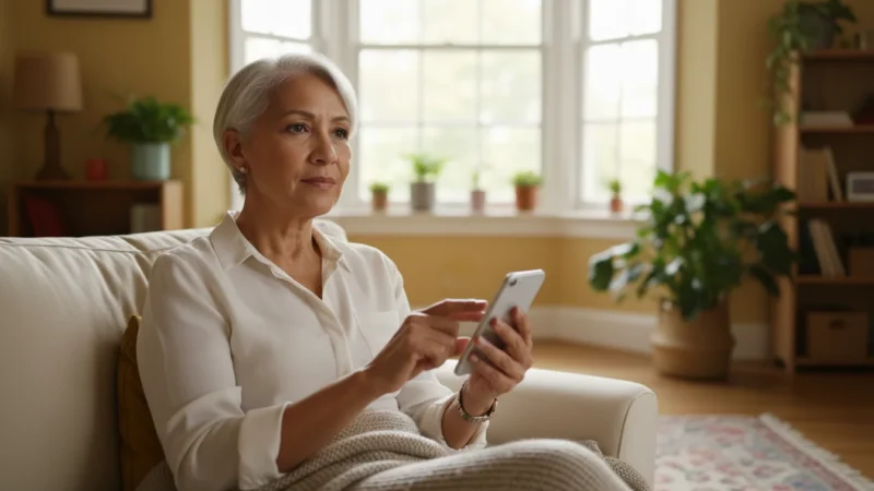 A senior woman, mid-70s, with a thoughtful and aware expression, holds a smartphone in a naturally lit living room, conveying vigilance.