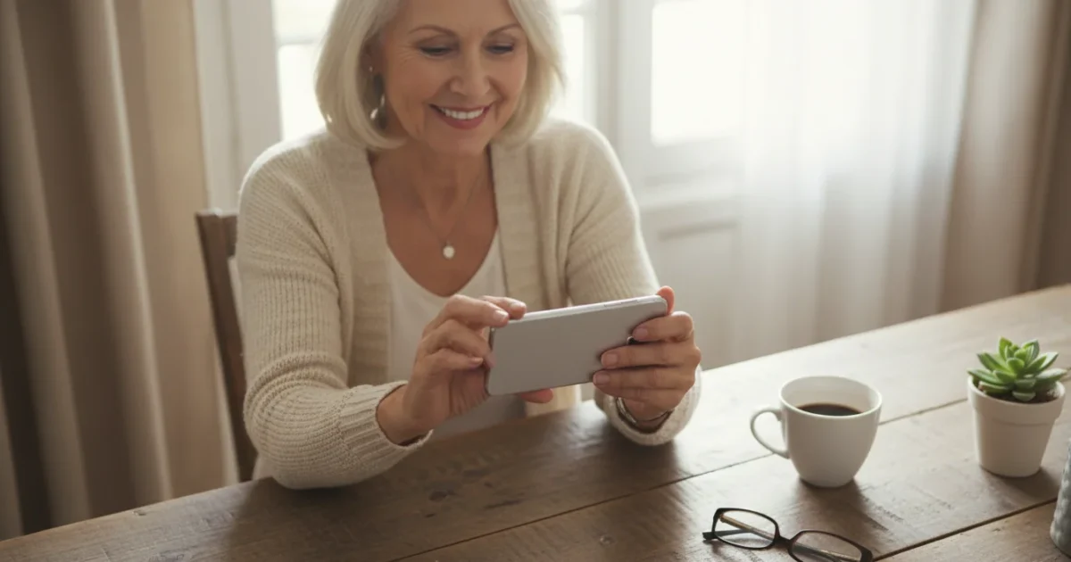 A confident senior woman, seen from a high angle, records a video message on a generic smartphone in a warm, sunlit home setting.