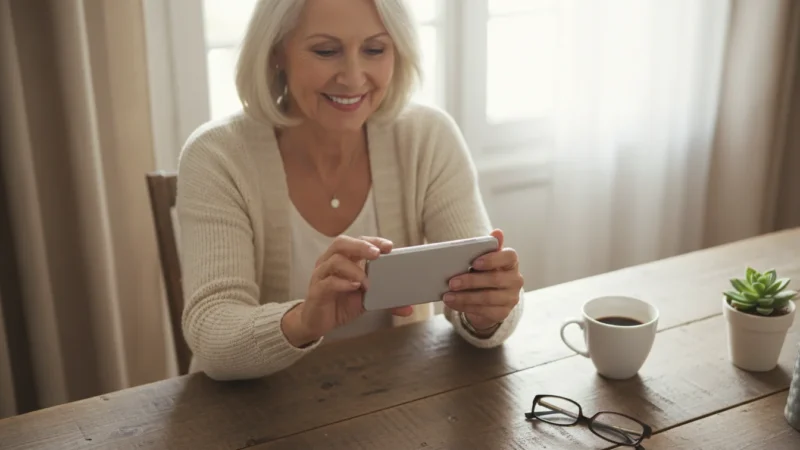 A confident senior woman, seen from a high angle, records a video message on a generic smartphone in a warm, sunlit home setting.