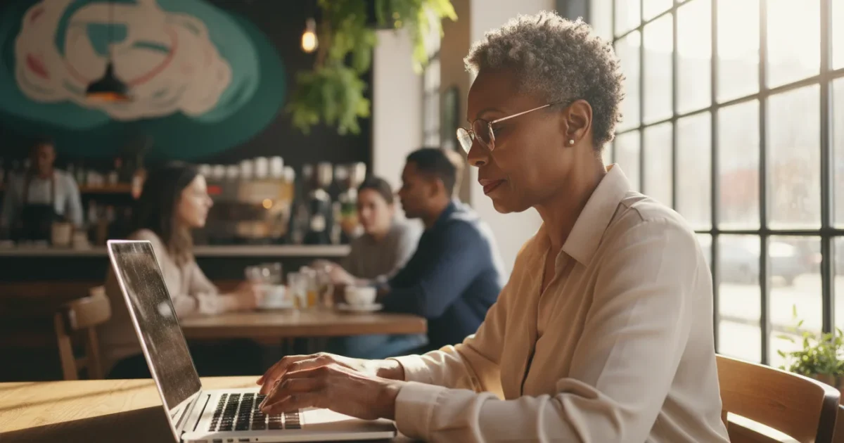 A senior African American woman, seen over her shoulder, calmly uses a laptop in a sunlit cafe, focusing intently on the screen with a slight smile.