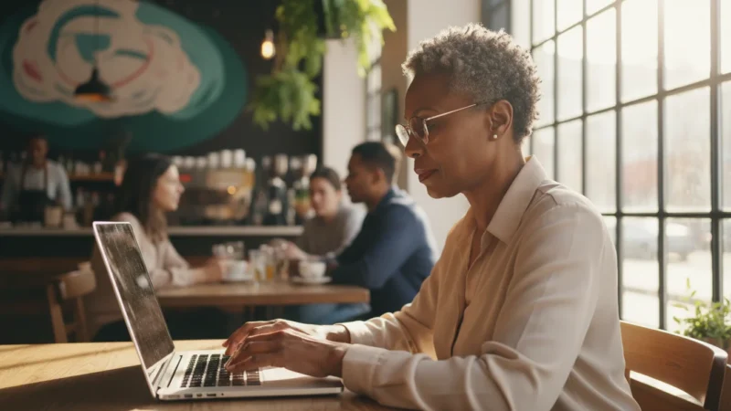 A senior African American woman, seen over her shoulder, calmly uses a laptop in a sunlit cafe, focusing intently on the screen with a slight smile.
