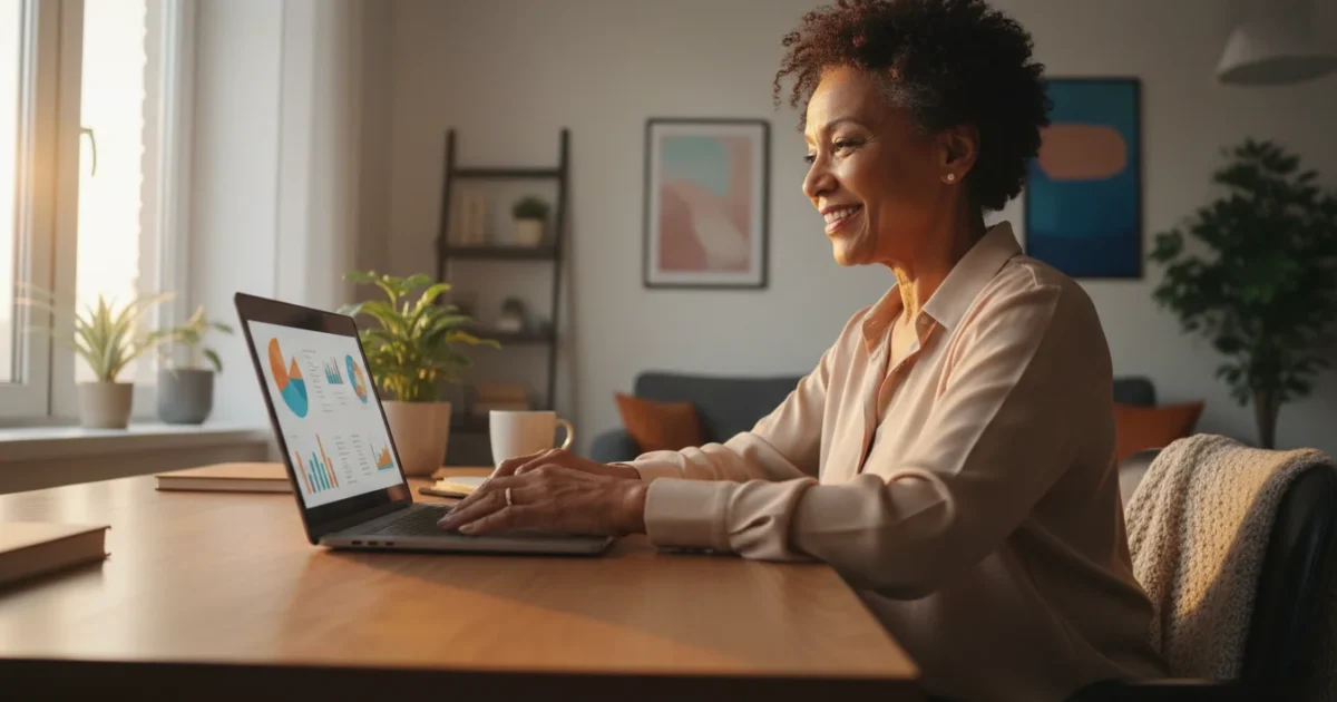 An older woman smiling at a laptop screen in a brightly lit room, her hands near the keyboard, conveying ease with technology.