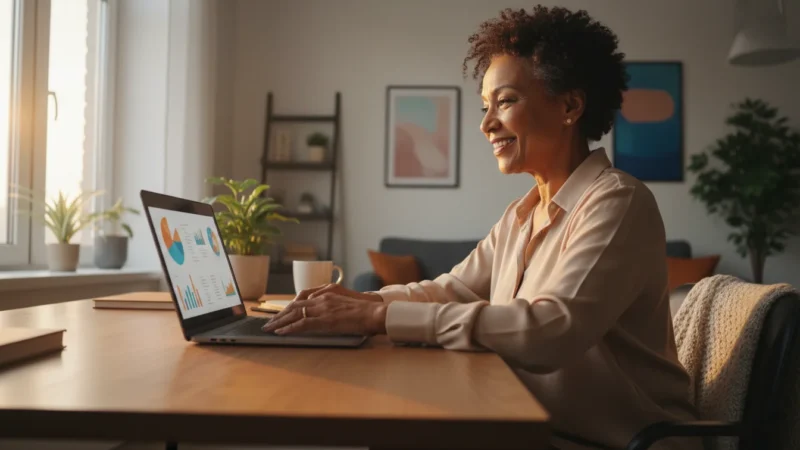 An older woman smiling at a laptop screen in a brightly lit room, her hands near the keyboard, conveying ease with technology.