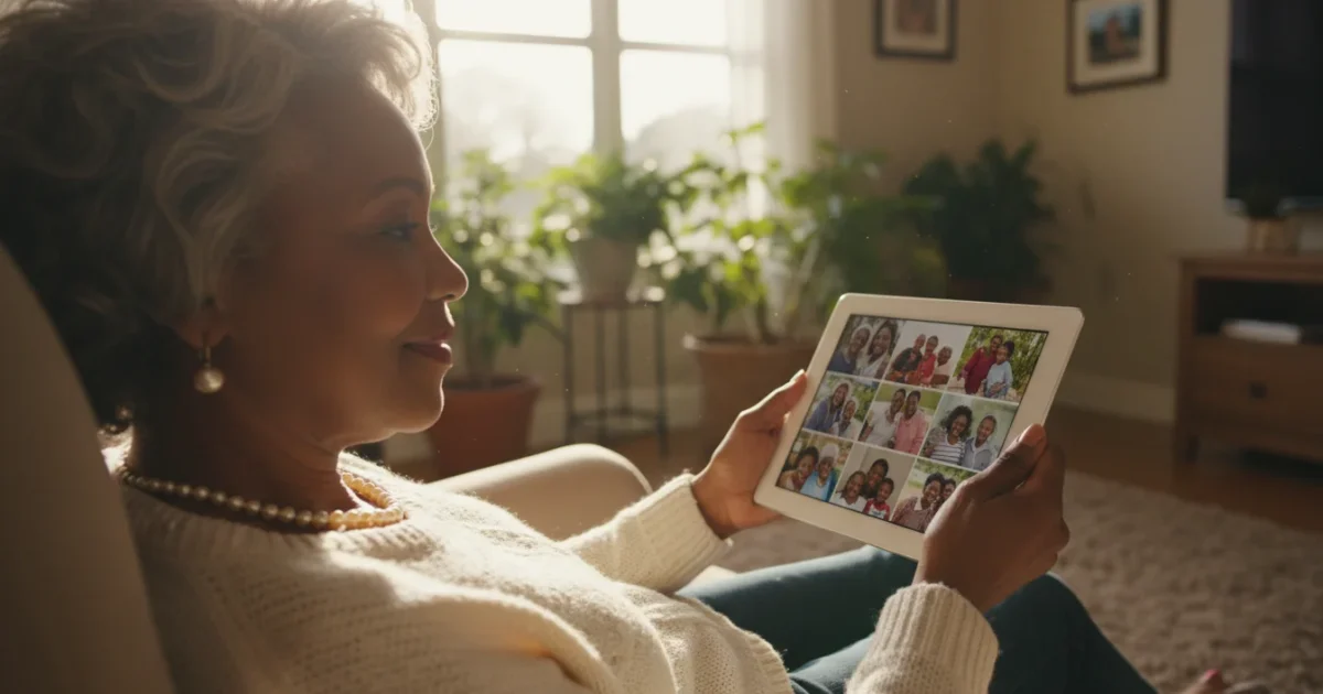 A smiling African American senior woman confidently viewing family photos on a tablet in a sunlit living room.