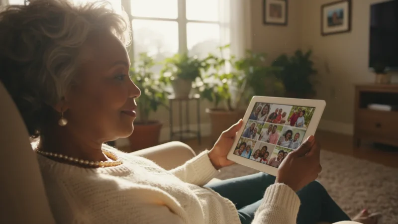 A smiling African American senior woman confidently viewing family photos on a tablet in a sunlit living room.
