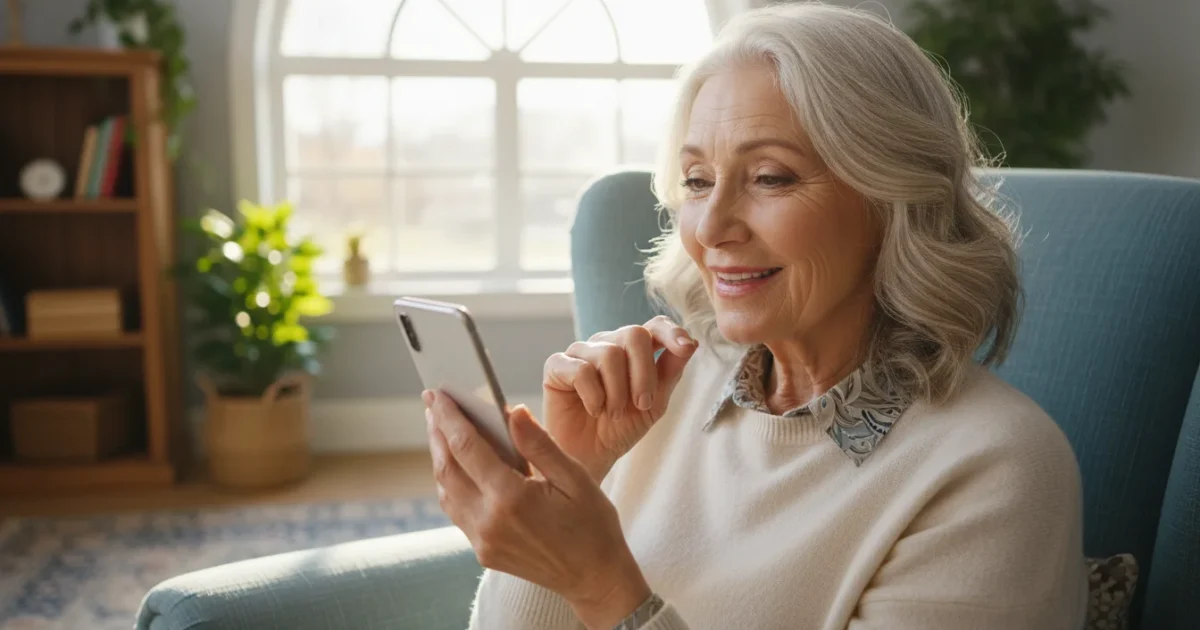 A smiling senior woman holds a smartphone to her mouth, recording a voice message. She is in a sunlit living room, viewed over her shoulder.