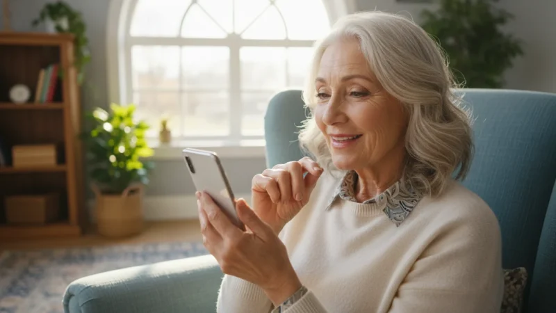 A smiling senior woman holds a smartphone to her mouth, recording a voice message. She is in a sunlit living room, viewed over her shoulder.