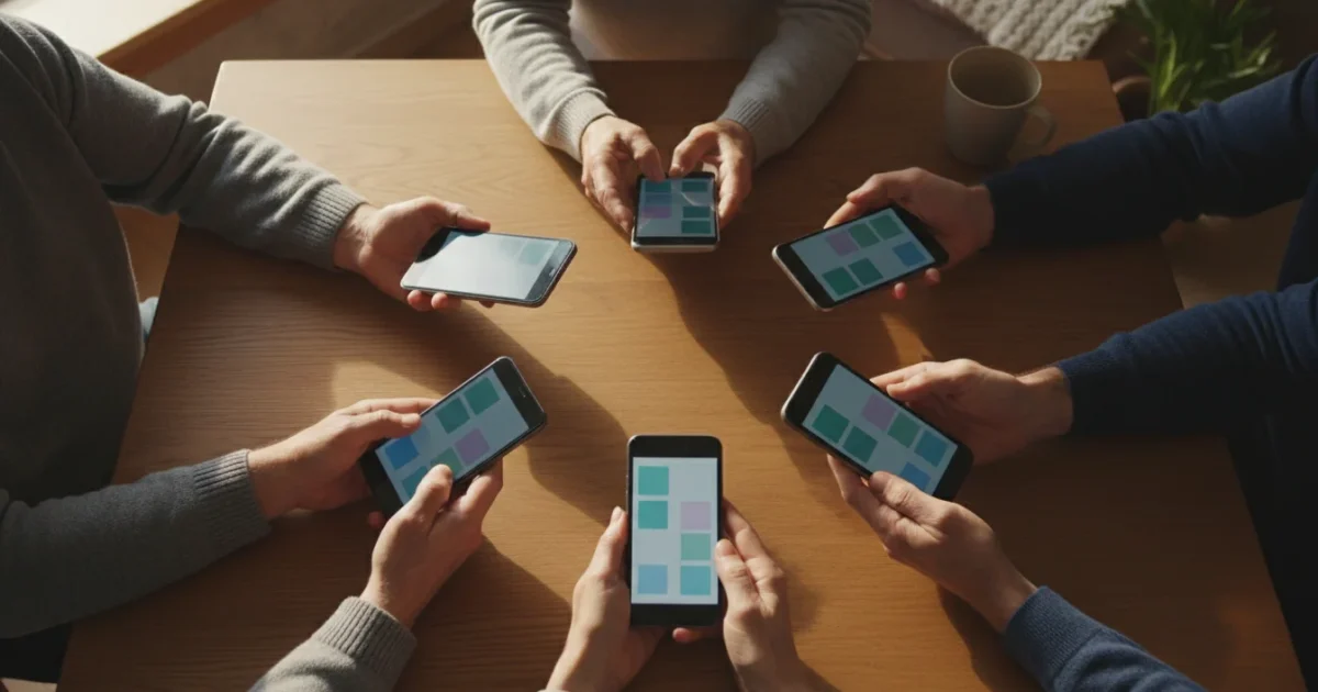 A high-angle flat lay showing multiple diverse senior hands holding generic smartphones and a tablet, suggesting family connection and technology.