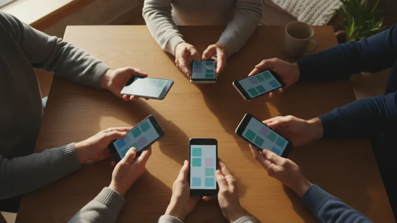 A high-angle flat lay showing multiple diverse senior hands holding generic smartphones and a tablet, suggesting family connection and technology.