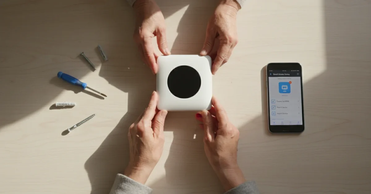 Senior hands holding a smart thermostat, with mounting hardware, a screwdriver, and a smartphone displaying a setup app on a table.