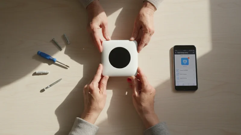 Senior hands holding a smart thermostat, with mounting hardware, a screwdriver, and a smartphone displaying a setup app on a table.