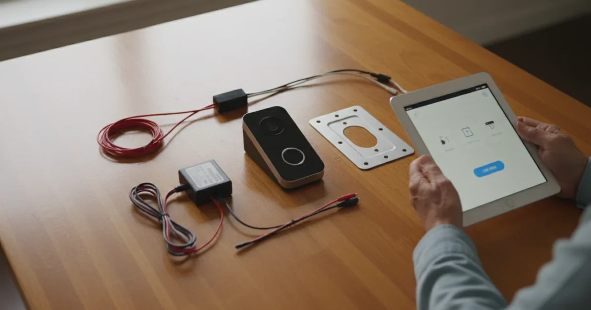 A flat lay image showing generic video doorbell parts and a tablet displaying an app, all on a wooden table with natural window light.