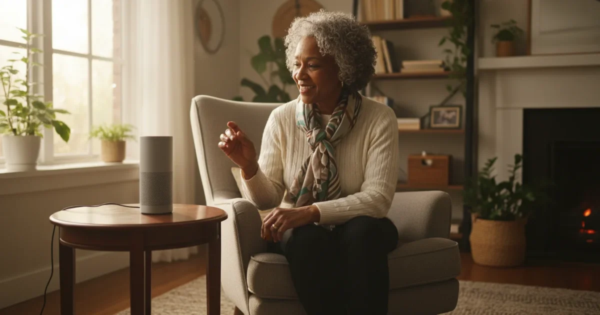 A senior African American woman, smiling confidently, speaks to a smart speaker in a warm, sunlit living room.