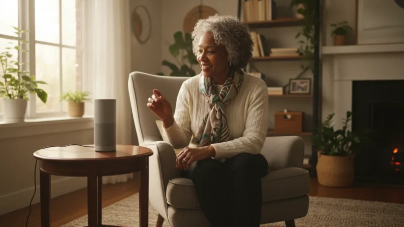 A senior African American woman, smiling confidently, speaks to a smart speaker in a warm, sunlit living room.