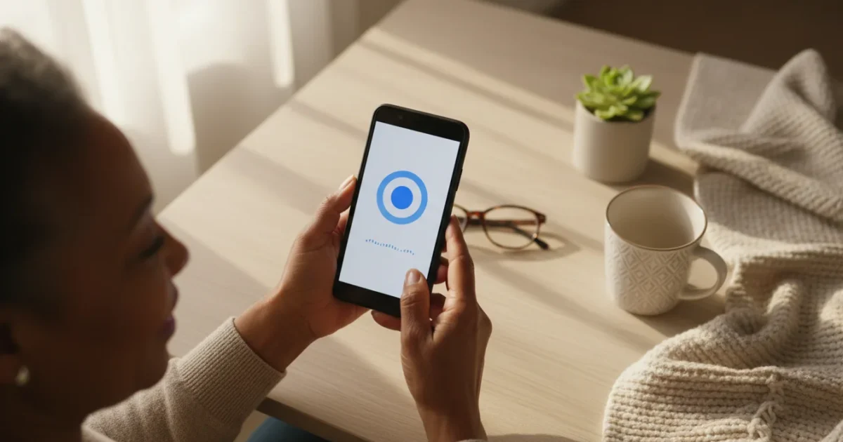 A senior woman's hands confidently hold a generic Android smartphone, viewed from a high angle in a warm home setting, with a simple screen display.