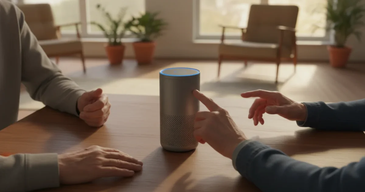 A senior's hands gently touching a generic cylindrical smart speaker on a warm wooden table in a well-lit living room, viewed from above.