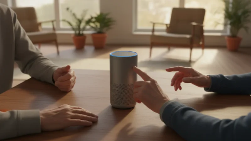 A senior's hands gently touching a generic cylindrical smart speaker on a warm wooden table in a well-lit living room, viewed from above.