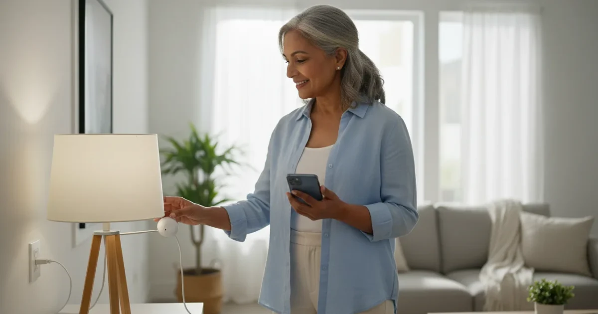 An older woman confidently looking at a smart plug connected to a lamp, holding a smartphone.