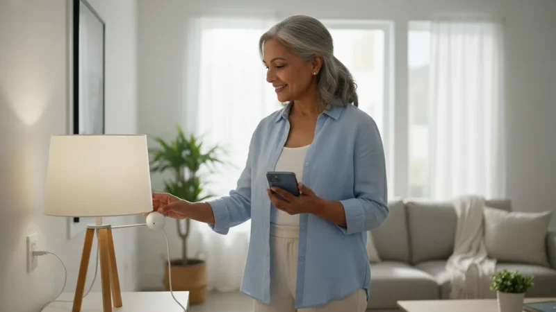 An older woman confidently looking at a smart plug connected to a lamp, holding a smartphone.