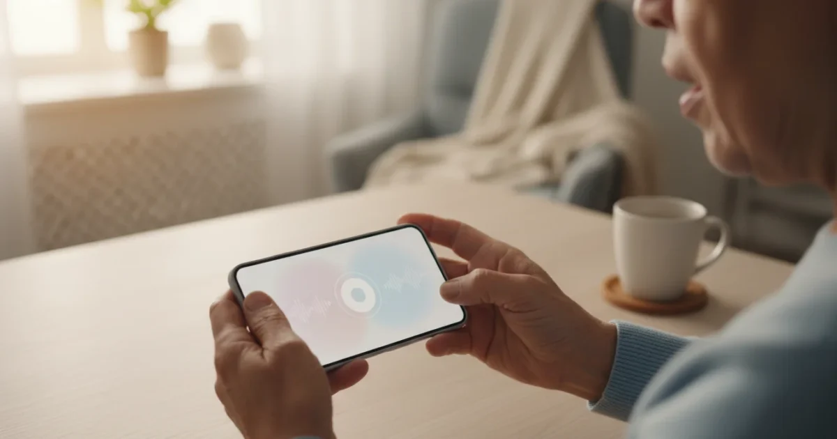 High-angle flat lay of a senior's hands holding a smartphone on a table, a generic blurred screen implying voice control, in soft morning light.