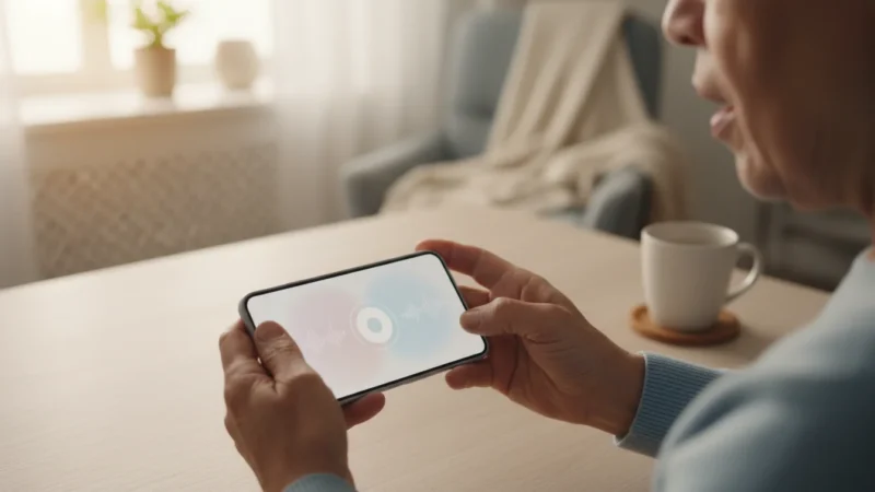 High-angle flat lay of a senior's hands holding a smartphone on a table, a generic blurred screen implying voice control, in soft morning light.