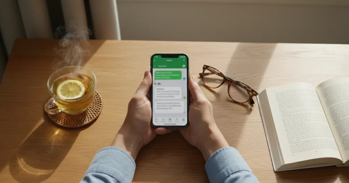 A senior's hands hold a smartphone displaying a messaging app, with a cup of tea and glasses on a wooden table, lit by natural light.