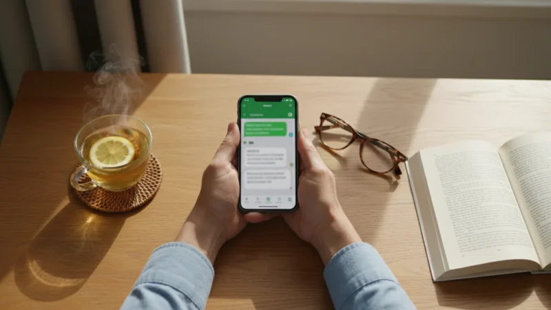 A senior's hands hold a smartphone displaying a messaging app, with a cup of tea and glasses on a wooden table, lit by natural light.