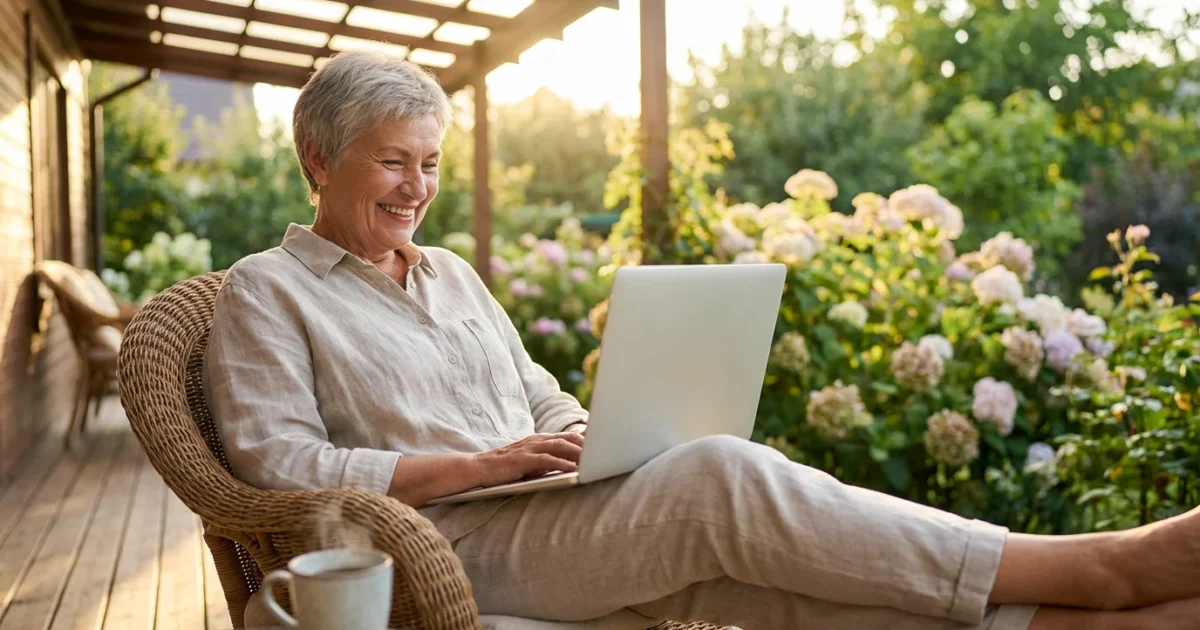 A smiling senior woman using a laptop on a sunlit porch, looking relaxed and confident.