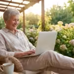 A smiling senior woman using a laptop on a sunlit porch, looking relaxed and confident.