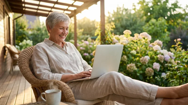 A smiling senior woman using a laptop on a sunlit porch, looking relaxed and confident.