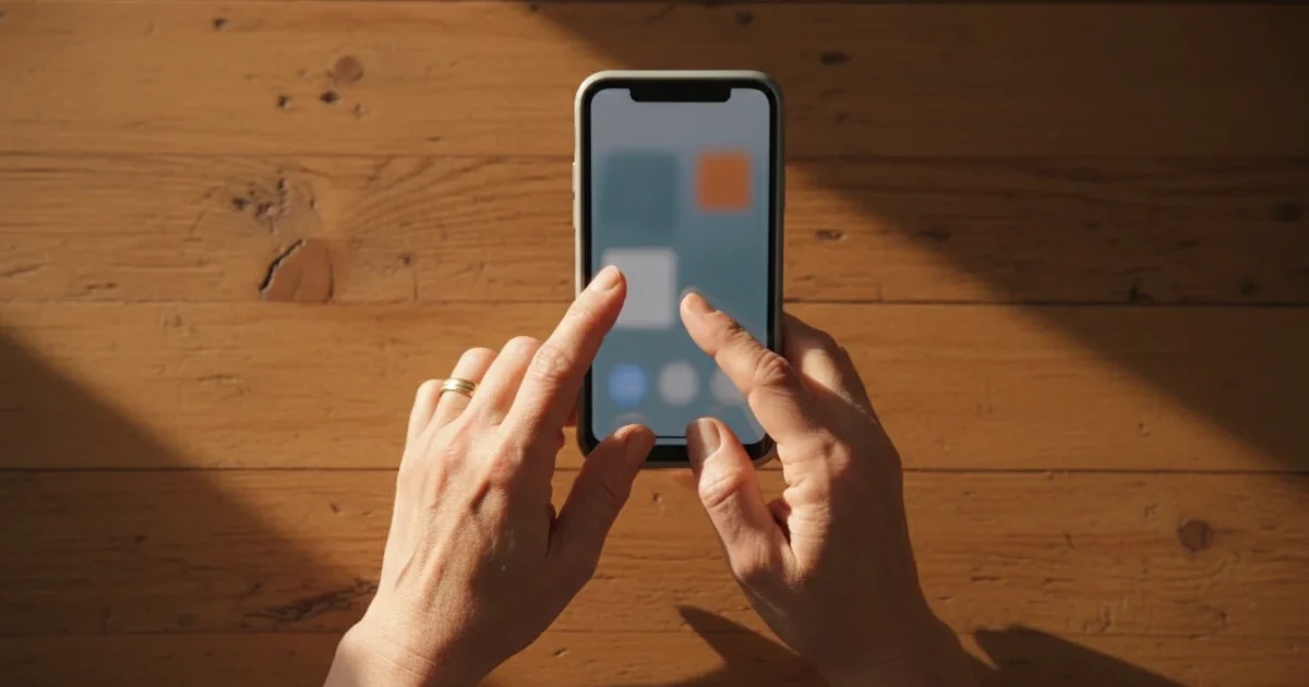 A senior woman's hands gently tap a generic smartphone on a wooden table, bathed in warm golden hour light, suggesting confidence and preparedness.