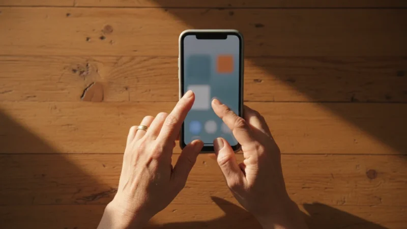 A senior woman's hands gently tap a generic smartphone on a wooden table, bathed in warm golden hour light, suggesting confidence and preparedness.