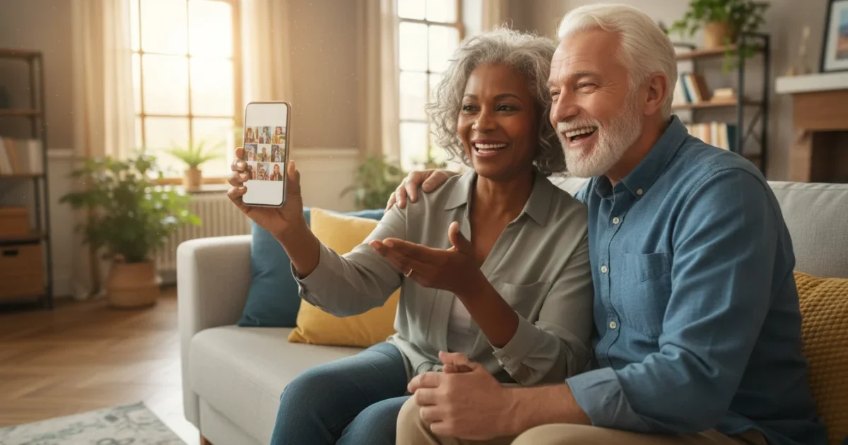 A joyful senior African American woman and Caucasian man smile while looking at shared family photos on a generic smartphone in a sunlit living room.