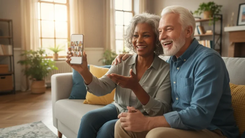 A joyful senior African American woman and Caucasian man smile while looking at shared family photos on a generic smartphone in a sunlit living room.