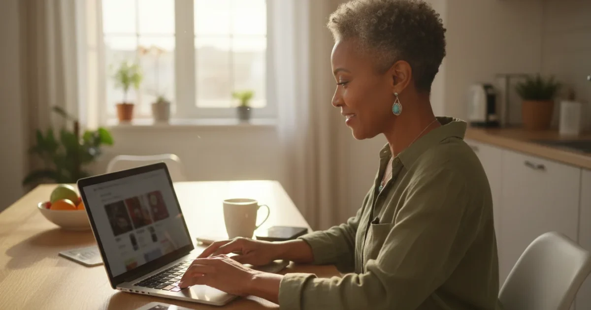 An African American senior woman is seen over her shoulder, confidently shopping online on a laptop at a kitchen table bathed in warm golden hour light.