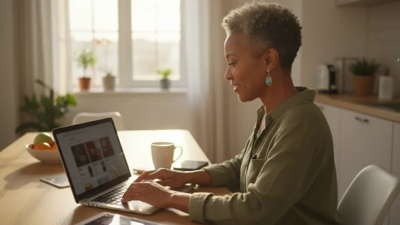An African American senior woman is seen over her shoulder, confidently shopping online on a laptop at a kitchen table bathed in warm golden hour light.