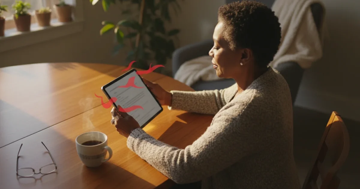 A senior woman looks confidently at a tablet showing a blurred email, with subtle red elements, in a warm, golden-lit home setting.