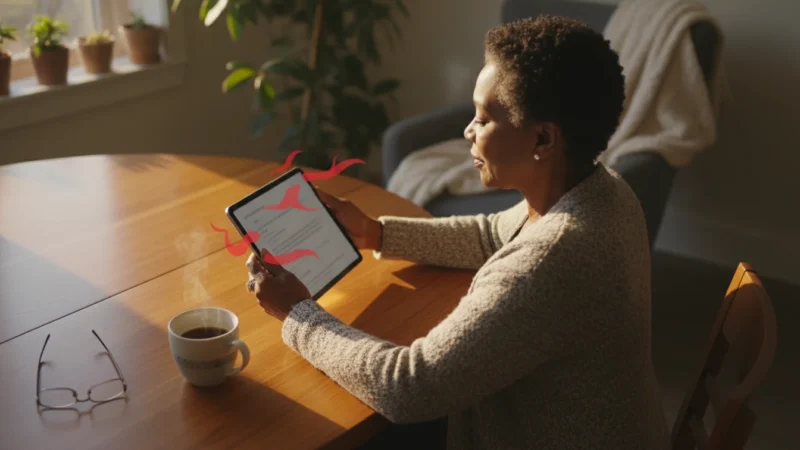 A senior woman looks confidently at a tablet showing a blurred email, with subtle red elements, in a warm, golden-lit home setting.