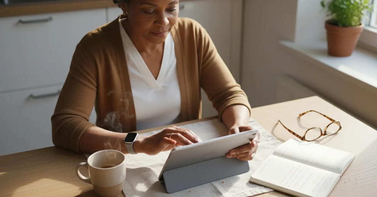 A senior African American woman thoughtfully uses a generic tablet at a sunlit kitchen table, shown from a high angle flat lay.