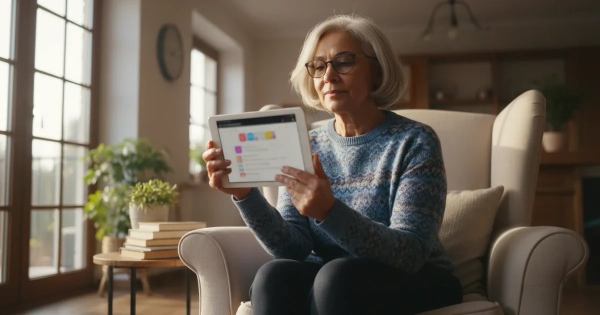 A confident senior woman, 65, thoughtfully scrutinizing a generic tablet screen displaying a blurred social media feed, in warm morning light.